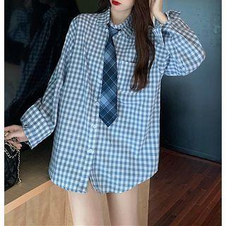Long-sleeve Plaid Shirt Blue & White - One Size