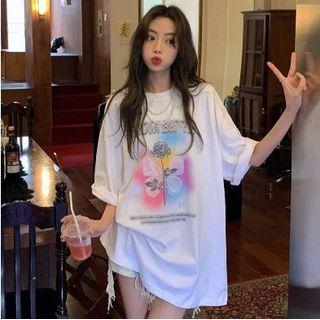 Short Sleeve Floral Printed T-shirt White - One Size