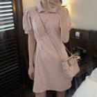 Puff-sleeve Shirred A-line Polo Dress