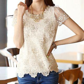 Embellished Short-sleeve Lace Top