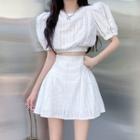 Set: Puff-sleeve Blouse + Mini A-line Skirt 3822 - Set Of 2 - Blouse & Skirt - Stripe - White - One Size