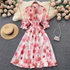 Ruched Collar Print 3/4-sleeve Dress