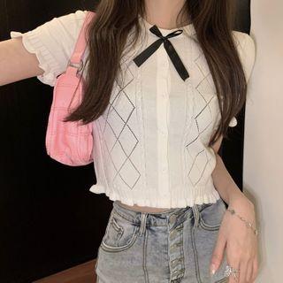 Short-sleeve Argyle Print Knit Top White - One Size