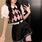 Argyle Sweater Vest / Short-sleeve Blouse / Pleated Skirt