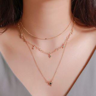 Rhinestone Layered Necklace 01 - 12038 - Gold - One Size
