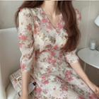 Floral Elbow-sleeve V-neck Mini A-line Dress