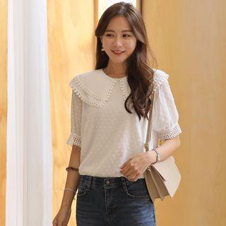 Puritan-collar Crochet-trim Dotted Blouse