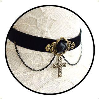 Cross Pendant Lace / Faux Suede Choker