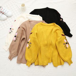 Floral-embroidered Knit Balloon Sleeve Cardigan
