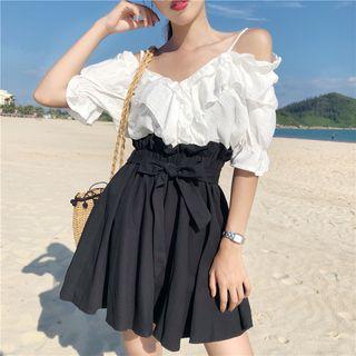 Set: Frill Trim Off Shoulder Elbow Sleeve Blouse + Flared Skirt