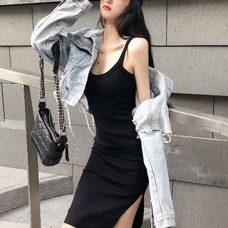 Spaghetti-strap Slit Knit Dress / Cropped Denim Jacket