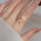 Flower Bee Rhinestone Sterling Silver Open Ring Gold & White - One Size