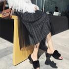 Pleated Mesh Overlay Glitter A-line Midi Skirt