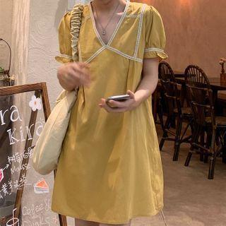 Balloon-sleeve Contrast Trim A-line Dress