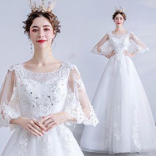 Crochet Trim Cape-sleeve Mesh A-line Wedding Gown