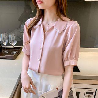 Short-sleeve V-neck Collared Plain Chiffon Shirt