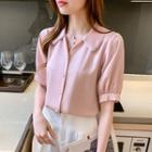 Short-sleeve V-neck Collared Plain Chiffon Shirt