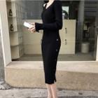 Long-sleeve Cut-out Midi Sheath Knit Dress Black - One Size