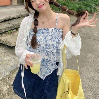 Triangle Floral Camisole Top / White Chiffon Cardigan