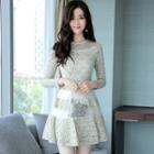 Long-sleeved Crewneck A-line Sheath Plain Panel Lace Dress