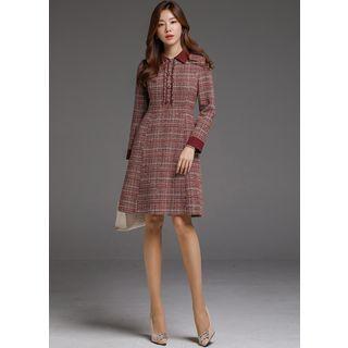 Contrast-collar Flared Midi Tweed Dress With Belt