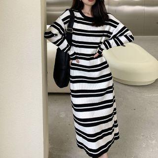 Long-sleeve Striped Long Dress As Figure - One Size