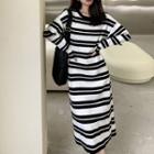 Long-sleeve Striped Long Dress As Figure - One Size