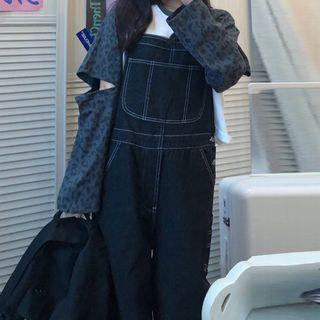 Leopard Printed Ripped Long-sleeve Top / Denim Jumpsuit