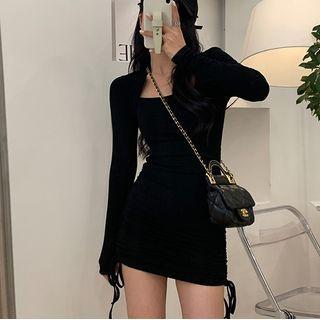 Long-sleeve Square Neck Drawstring Mini Sheath Dress