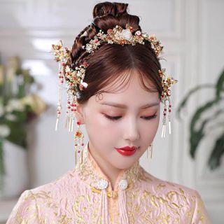 Wedding Set: Embellished Fringed Hair Stick + Headpiece + Fringed Earring Hair Stick & Headpiece & Earring - As Shown In Figure - One Size