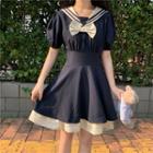 Puff-sleeve Bow-front Sailor Collar Mini A-line Dress
