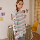 Letter-printed Label-patched Stripe T-shirt Lavender - One Size