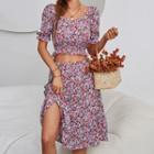 Set: Puff-sleeve Floral Print Crop Blouse + Midi A-line Skirt
