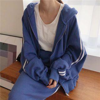 Set: Contrast Trim Zip-up Hoodie + Pencil Skirt