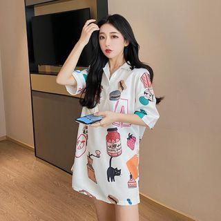 Short-sleeve Cartoon Print Polo Shirt White - One Size