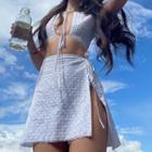 Set: Cap-sleeve Tie-front Eyelet Lace Crop Top + Mini Fitted Skirt