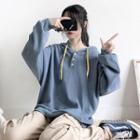 Plain Button Hoodie With Color Block Rope