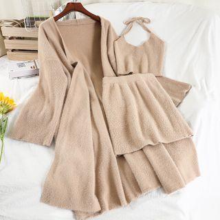 Set: Knit Cropped Camisole Top + Mini Pencil Skirt + Long Cardigan