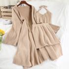Set: Knit Cropped Camisole Top + Mini Pencil Skirt + Long Cardigan