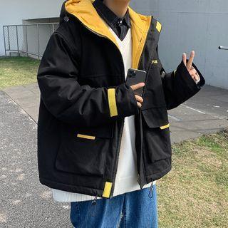 Long-sleeve Letter Printed Color Block Cargo Zipped Hooded Jacket