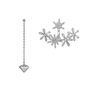 Non-matching Rhinestone Earring 1 Pair - 925 Sterling Silver - White Gold Plating - One Size