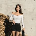 Off-shoulder Button-front Ribbed Top