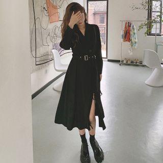 Set: Long-sleeve Side-slit Midi Collared Dress + Belt