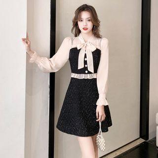 Long-sleeve Bow-front Frill Trim Mini A-line Dress