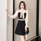 Long-sleeve Bow-front Frill Trim Mini A-line Dress