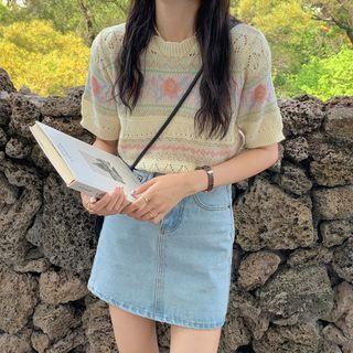 Short-sleeve Round-neck Knit Top Yellow - One Size