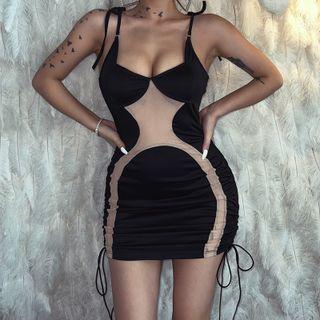 Spaghetti Strap Mesh Panel Drawstring Mini Bodycon Dress