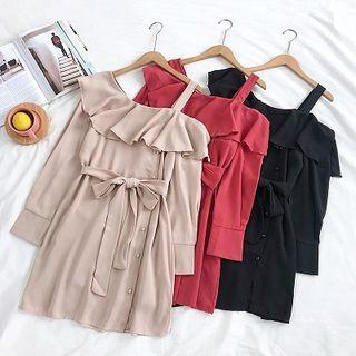 Plain Ribbon Lace-up Ruffled-trim Off-shoulder Dress
