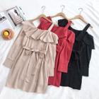 Plain Ribbon Lace-up Ruffled-trim Off-shoulder Dress