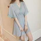 Eyelet Trim Elbow-sleeve Mini A-line Dress